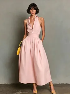 Elegant pink halter-neck shirt collar sleeveless maxi dress for women summer street style