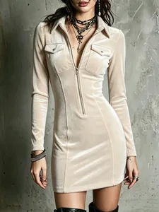 Women Sexy Velvet Slim Fit Bodycon Mini Dress Polo Collar Half Zipper Long Sleeve Pockets Autumn Fashion Y2K Streetwear Dress