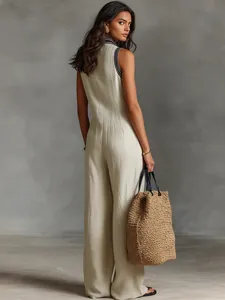 Elegant sleeveless linen blend jumpsuit for women featuring embroidered stand collar detail