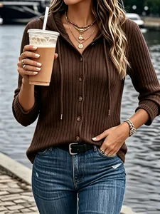 Detail view of brown ribbed knit button-up hoodie for women with casual autumn style
