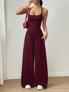 Eleganter burgunderroter ärmelloser Overall mit weitem Bein für Damen im Sommer