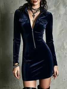 Elegant navy blue velvet polo collar zip-front mini dress with long sleeves for women