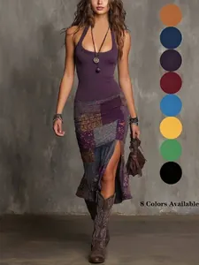 Women Sexy Bohemian Midi Dress Polyester Spandex 3D Digital Printed Color Block U-Neck Sleeveless Patchwork A-Line Dress