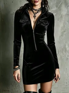Chic black velvet long sleeve bodycon dress with zipper polo collar for women