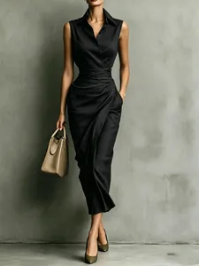 Elegant sleeveless black shirt dress with asymmetrical draped waist for summer office