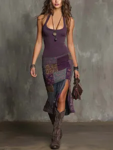 Fashionable woman wearing a 3D digital print strap dress with ethnic patchwork pattern