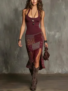Fashionable bohemian patchwork digital print halter neck dress with a high side slit detail