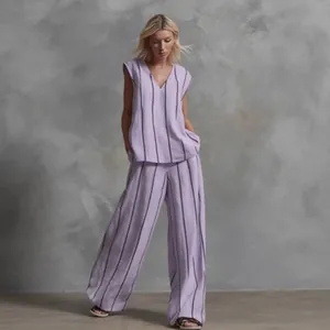 Frans Minimalistisch Verticaal Gestreept Katoen Linnen Top en Broek V-hals Mouwloos Wijde Pijpen Dames Zomer Outfit