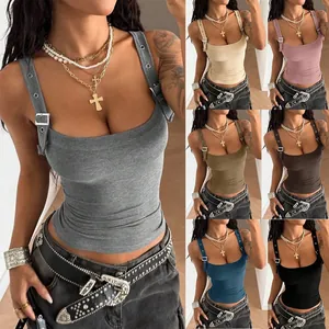 Women Ribbed Knit Cami Tank Top With Metal Buckle Straps Slim Fit Square Neck Solid Color Streetwear Summer Casual Sleeveless Top
