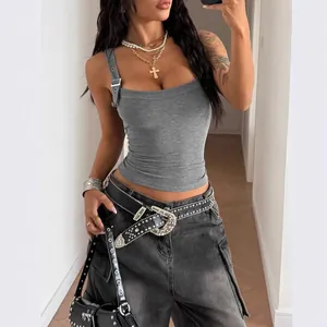 Grey solid ribbed tank top with adjustable metal buckle strap for women