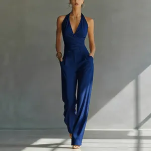Elegantes marineblaues Set aus Halfter-Top und hochtaillierter weiter Hose für Büro