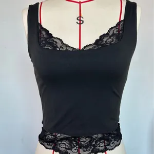 Sexy black crop tank top featuring delicate floral lace trim at the neckline and hem