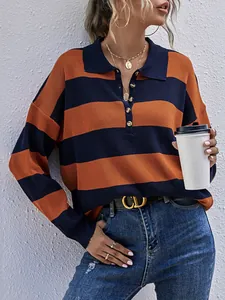 Stylish oversized vintage striped sweater with polo collar and front buttons detail