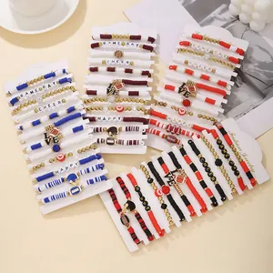 Juego de Pulseras de Cuentas Heishi Tema Rugby Hecho a Mano Letras Cuentas Pulseras Apiladas para Mujer Joyería Deportiva