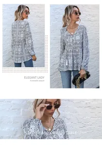 Retro floral V-neck blouse featuring tassels and long sleeves shown in multiple views