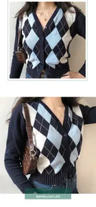 Vista dettagliata del cardigan in maglia vintage con motivo a rombi e scollo a V.