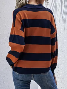Back view of a casual retro striped lapel knit sweater in orange and navy blue stripes