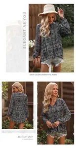 Detailed views of a woman wearing a vintage bohemian print V-neck blouse with tassels