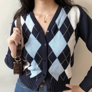 Cardigan in Maglia a Maniche Lunghe con Scollo a V Argyle Vintage da Donna Maglione Cropped Retro Capospalla Top