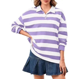 Maglietta Polo a Righe in Poliestere da Donna Casual Manica Lunga Oversized Colletto a Contrasto Stampato Top Vintage