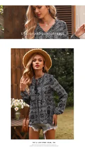 Detailed view of bohemian style retro V-neck printed shirt with decorative tassels