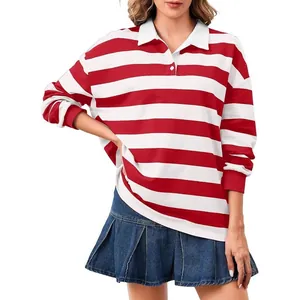 Polo casual a maniche lunghe a righe rosse e bianche da donna con una vestibilità ampia e comoda