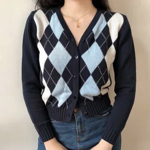 Cardigan in maglia retrò con scollo a V, motivo a rombi blu scuro e maniche lunghe