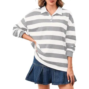 Polo a maniche lunghe a righe casual da donna con elegante colletto bianco a contrasto