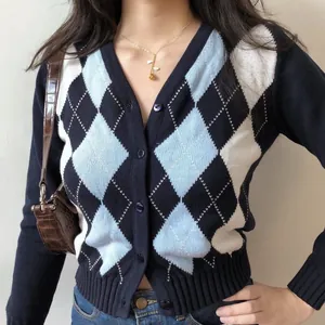 Elegante cardigan corto retrò con scollo a V e motivo argyle a maniche lunghe da donna