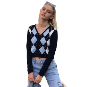 Cardigan corto in maglia con scollo a V e motivo argyle vintage per donna blu e nero