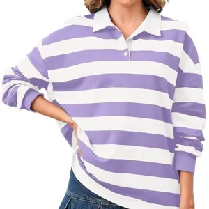 Felpa polo a maniche lunghe a righe viola e bianche oversize casual da donna moda