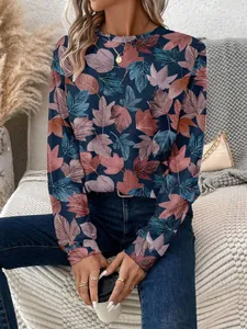Sweat-shirt femme à manches longues et col rond avec imprimé de feuilles d'automne