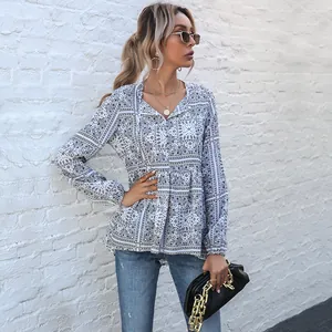 Vintage geometric print blouse for women with V-neck and tassel tie-up details