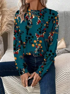 Vue détaillée du sweat-shirt pour femmes bleu sarcelle avec motifs floraux vibrants