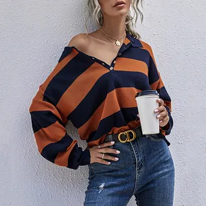 Women Vintage Striped Knitted Sweater Loose Lapel Half Button Polo Neck Long Sleeve Pullover Autumn Winter Polyester Knitwear Top