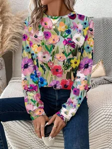 Vue détaillée du sweat-shirt à fleurs pour femmes avec un motif floral de peinture à l'huile