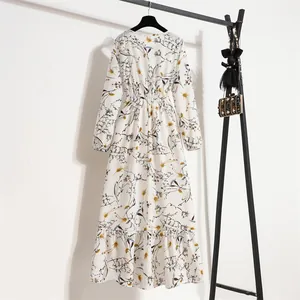 Elegantes langärmeliges Chiffon-Maxikleid mit Blumenmuster und hoher Taille