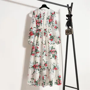 Elegantes langärmeliges Chiffon-Maxikleid mit Blumenmuster, hoher Taille und Rüschensaum