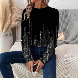 Sweat-shirt femme à manches longues et col rond avec motif pailleté brillant noir