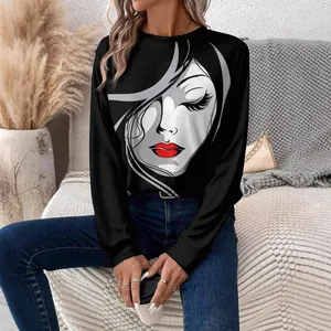 Sweat-shirt noir décontracté à manches longues pour femmes avec imprimé graphique