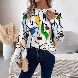 Sweat-shirt blanc pour femme avec imprimé visage abstrait coloré au trait artistique.