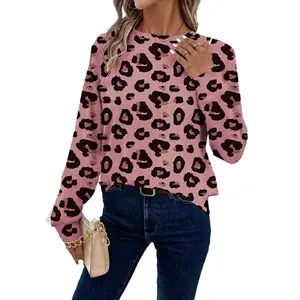 Sweat-shirt femme élégant imprimé léopard rose, à manches longues et col rond chic