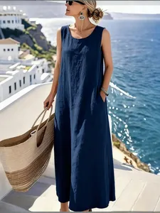 Vestido largo de algodón y lino azul marino sin mangas para elegantes vacaciones de verano