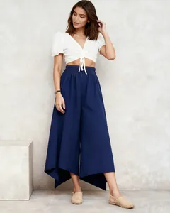 Full view of women's navy blue elastic waist wide-leg culottes pants for casual wear