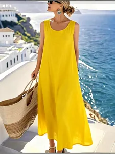 Vestido largo de verano sin mangas de algodón y lino amarillo para vacaciones en el mar