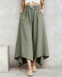 Detail view of olive green wide-leg culottes with a comfortable elastic waist design