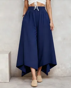 High waisted navy blue culottes featuring an elegant irregular asymmetric hem design