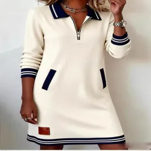 Γυναικείο Casual Μακρυμάνικο Φόρεμα με Κουκούλα Φερμουάρ Πόλο Γιακάς Ρίγες Πολυεστέρας Midi Streetwear Φόρεμα