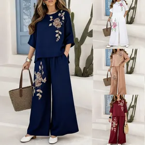 Women Retro Cotton Linen Two Piece Set Embroidered Short Sleeve Top And Wide Leg Pants Casual Summer Vacation Outfit