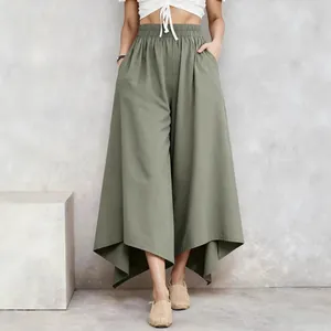 Casual solid color loose wide-leg pants with elastic high waist and asymmetric hem